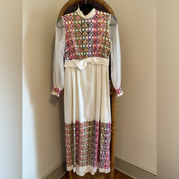 Vintage Embroidered Maxi Dress Sandine Originals Boho Hippie 1960s - Picture 1 of 6